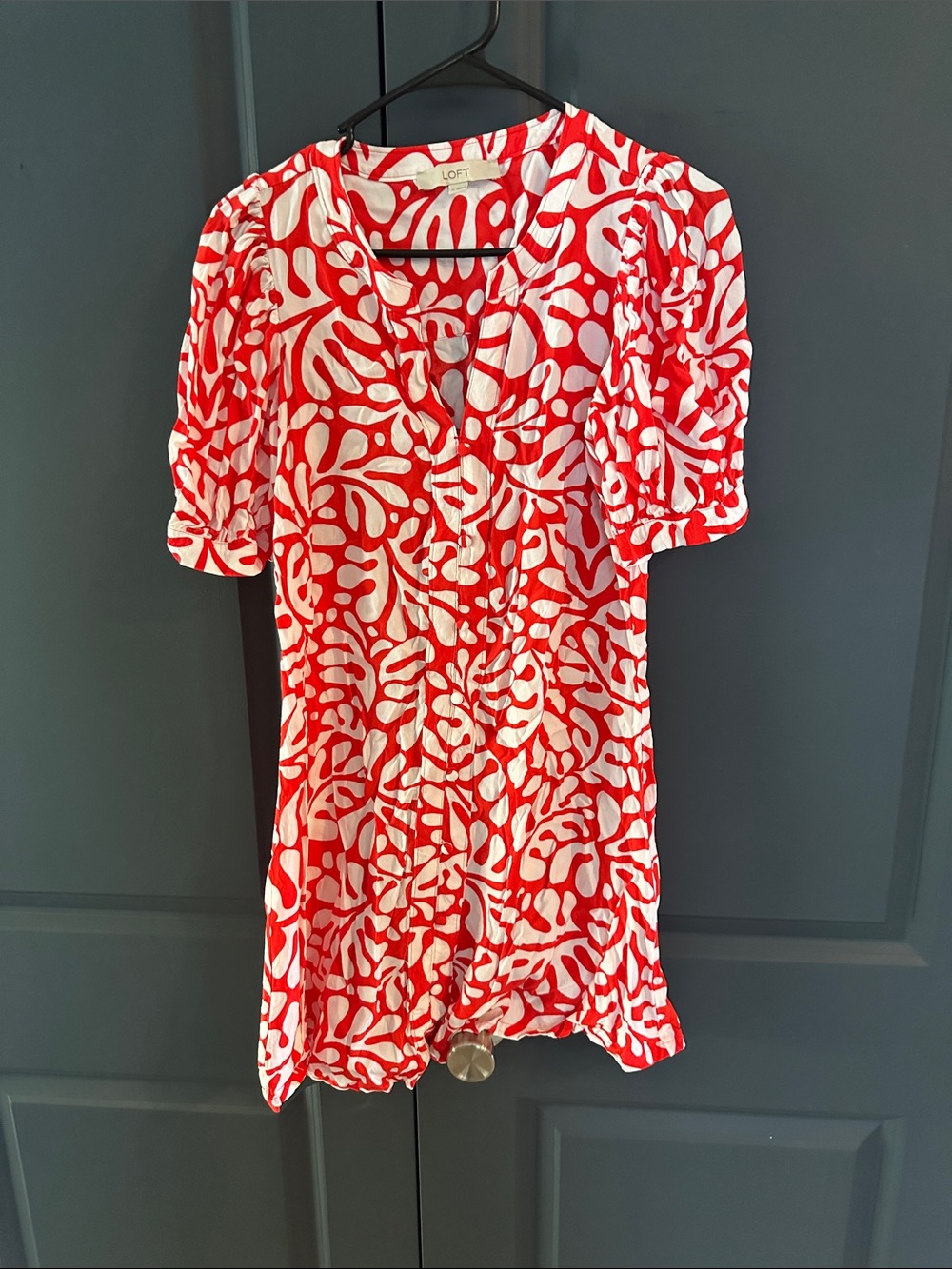 LOFT Red and White Abstract Button-Front Dress
